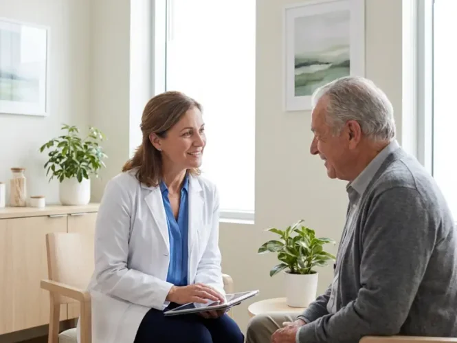 Médecin et patient discutant d'une participation à un essai clinique